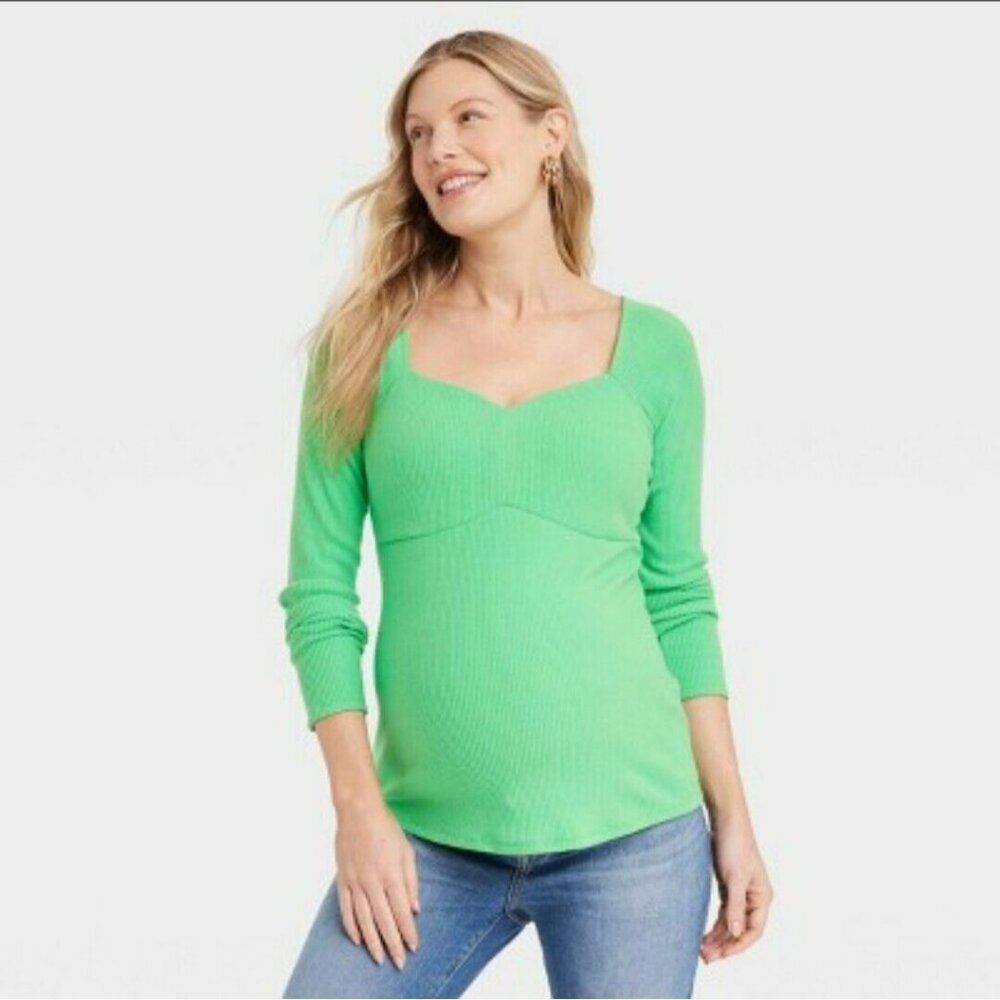 NWT Isabel By Ingrid & Isabel Green Ribbed Long Sleeve Maternity Top Square Neck